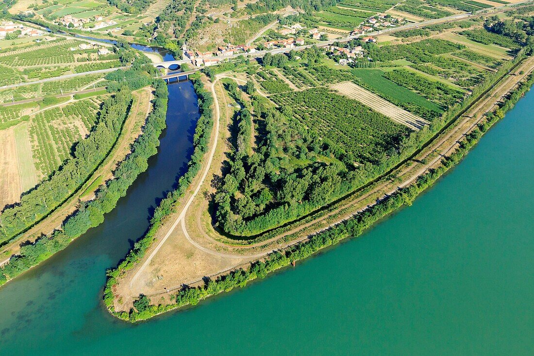 France, Ardeche, Andance, La Cance confluence, The Rhone (aerial view)
