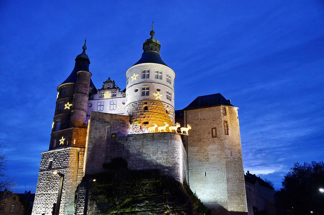 France, Doubs, Montbeliard, Castle of the Dukes of Württemberg, Christmas lights