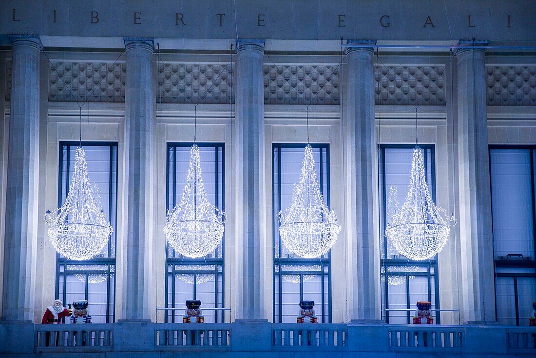 France, Hauts de Seine, Puteaux, City Hall, building with Art Deco architecture, Christmas lights