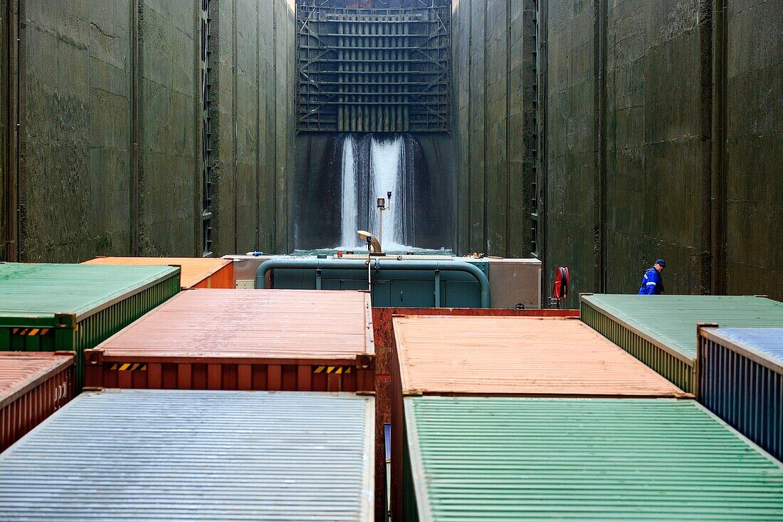 France, Drome, Chateauneuf du Rhone, Central and lock of Chateauneuf du Rhone on the diversion channel of Montelimar, container barge and pusher Conquerant (CFT), mariner