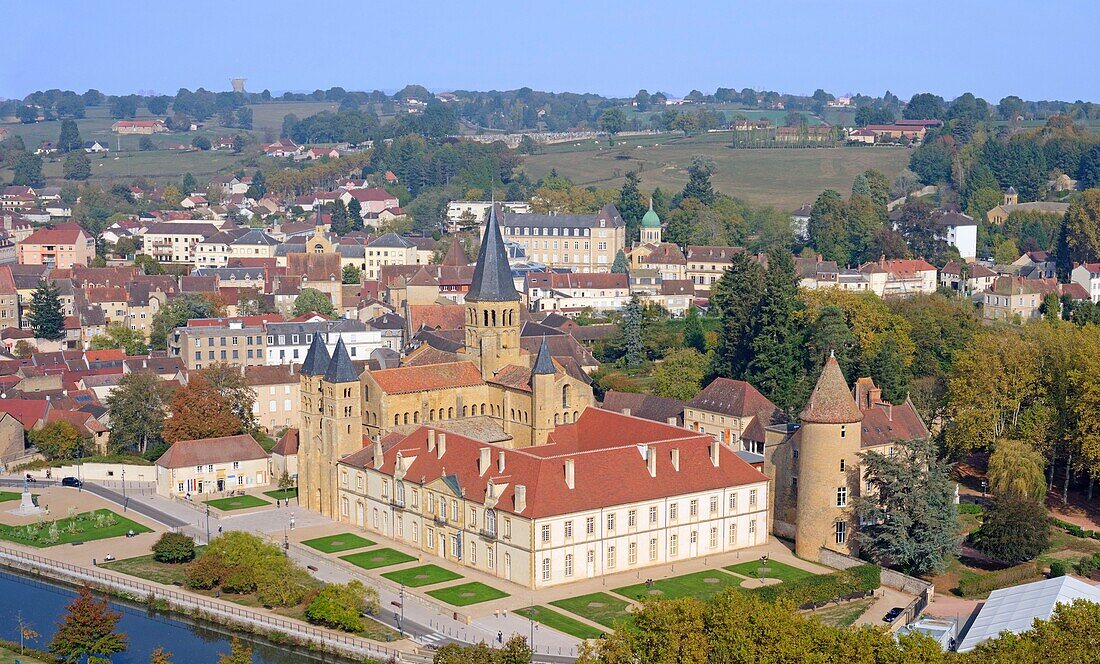 France, Saone et Loire, Paray le Monial, the Sacre Coeur Basilica of the XIIth century (aerial view)