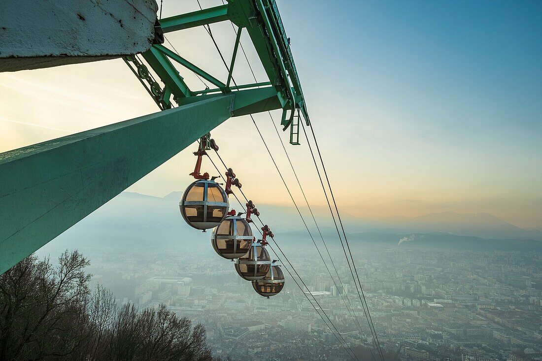 France, Isere, Grenoble, Grenoble-Bastille cable car and its Bubbles, the oldest city cable car in the world