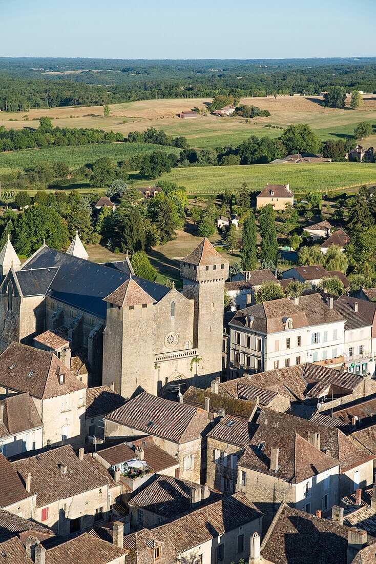 France, Dordogne, Perigord Pourpre, Beaumont du Perigord, medieval village and its fortified church (aerial view)