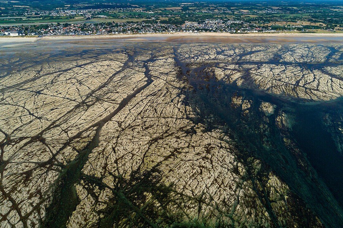 France, Manche, reefs of Dielette, Normandy coast and beaches of Dielette (aerial view)