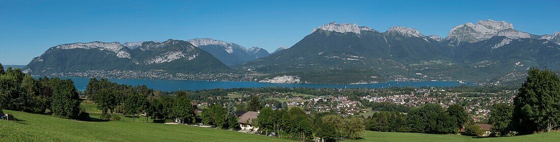 France, Haute Savoie, Annecy, Saint Jorioz, panoramic view of the lake and the Bornes massif from the heights of the village of Saint Jorioz