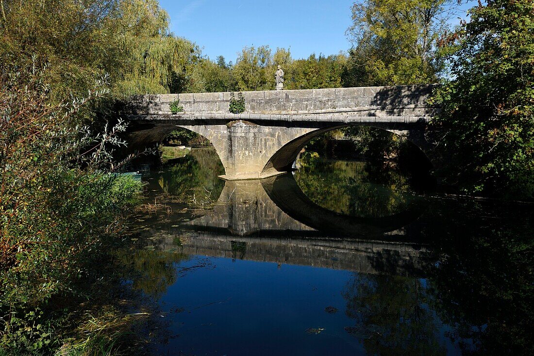 France, Haute Saone, Chemilly, bridge built in 1752 on the Durgeon, statue of Saint Jean Nepomucene