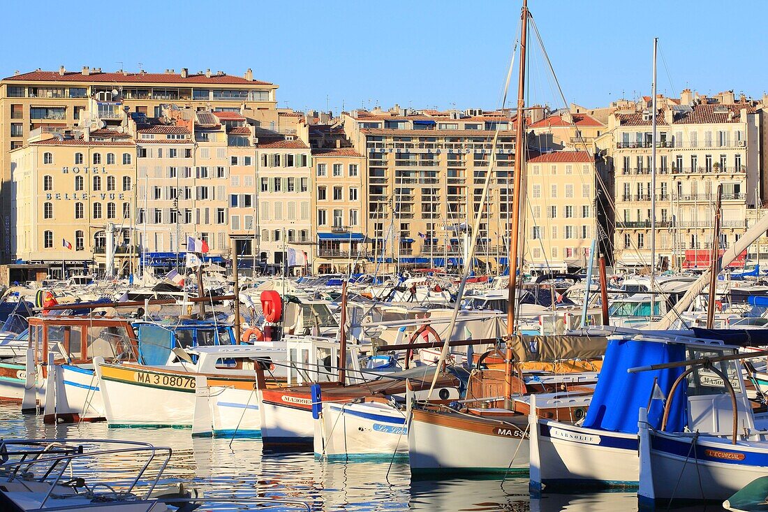 France, Bouches du Rhone, Marseille, Vieux Port and its sharp (traditional fishing boats) with at the bottom of the Quai du Port