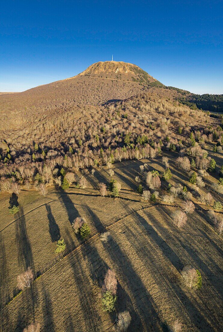 France, Puy de Dome, Orcines, Regional Natural Park of the Auvergne Volcanoes, the Chaîne des Puys, listed as World Heritage by UNESCO, the Puy de Dome volcano (aerial view)