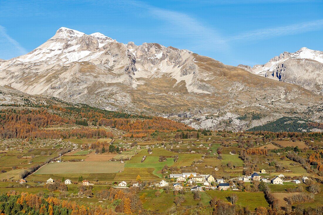 France, Hautes Alpes, Dévoluy massif, the village of Agnieres en Dévoluy and the Grand Ferrant summit (2758m) in the background