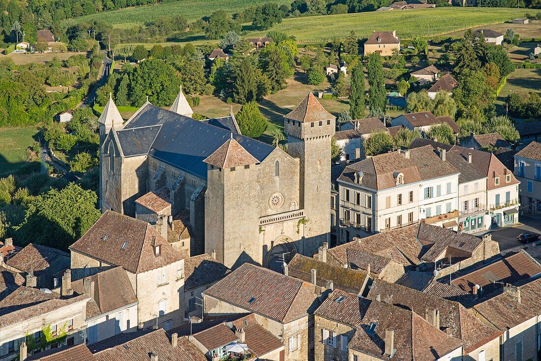 France, Dordogne, Perigord Pourpre, Beaumont du Perigord, medieval village and its fortified church (aerial view)