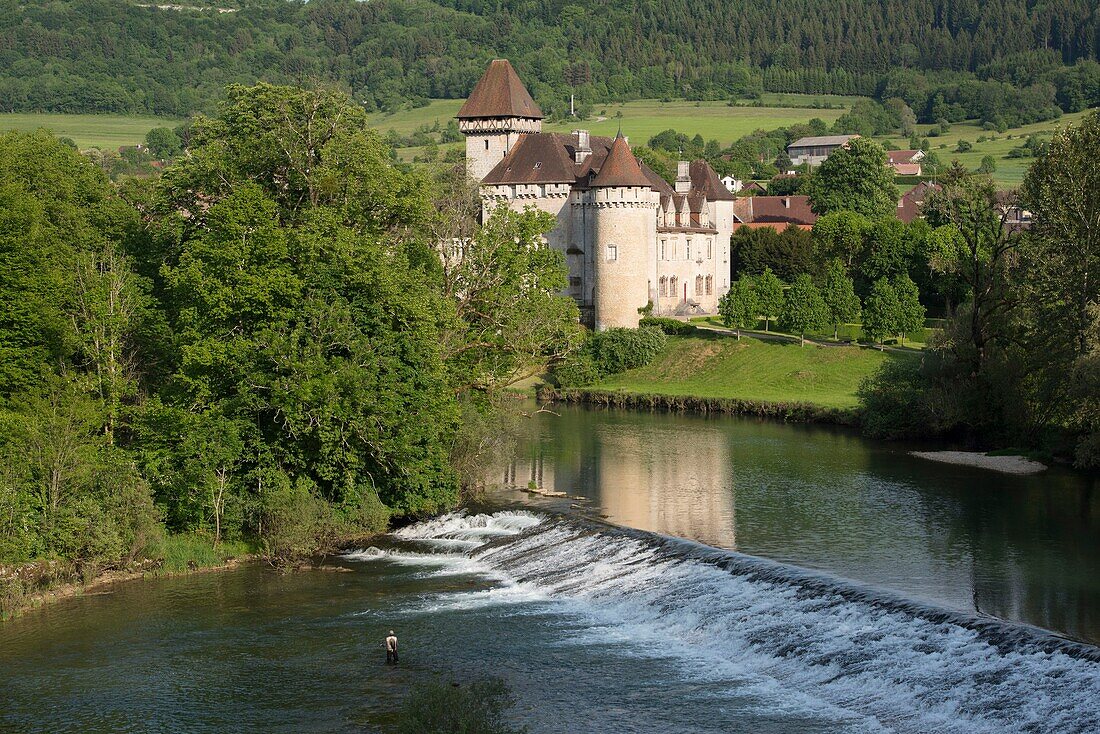 France, Doubs, Loue valley, fisherman in the river in front of Cleron castle