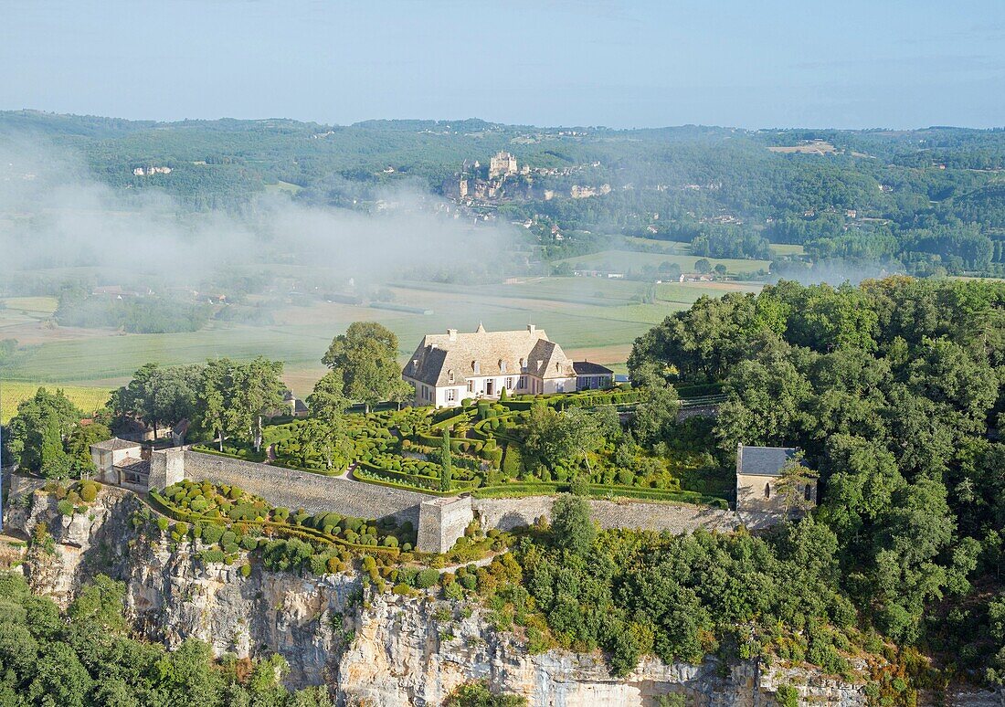 France, Dordogne, Perigord Noir, Dordogne Valley, Vezac, Les Jardins du chateau de Marqueyssac, park and castle (aerial view)