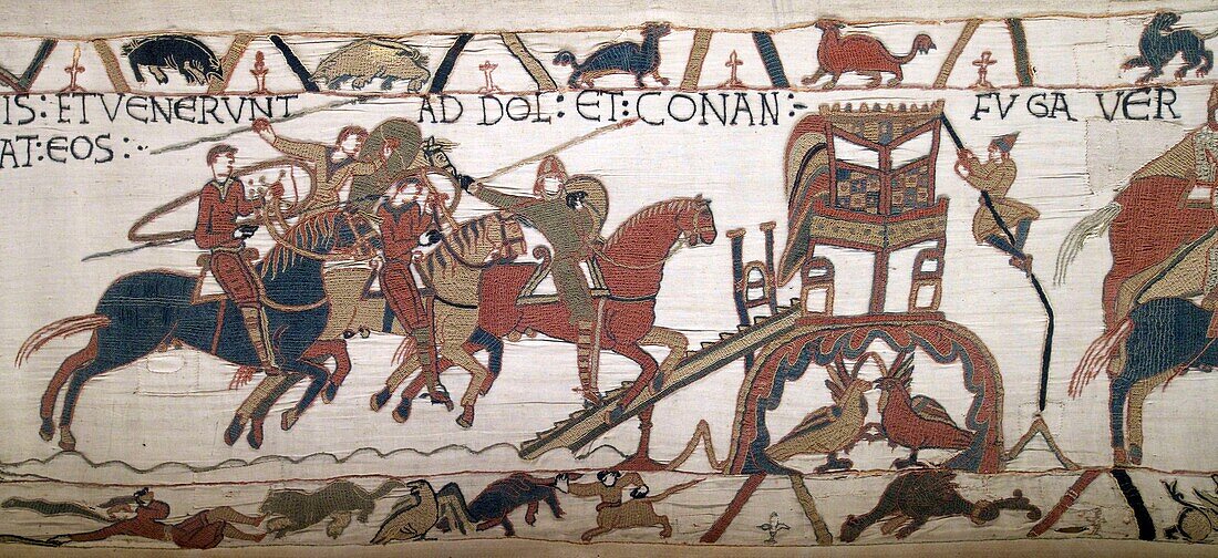 Frankreich, Calvados, Bayeux, Wandteppichmuseum, Bayeux Tapestry, von der UNESCO zum Weltkulturerbe erklärt, Königin Mathilde Wandteppich, der die Geschichte der Invasion Englands durch Wilhelm den Eroberer erzählt, die Szenen des Bayeux Tapestry sind mit Wollfäden auf ein Leinentuch gestickt