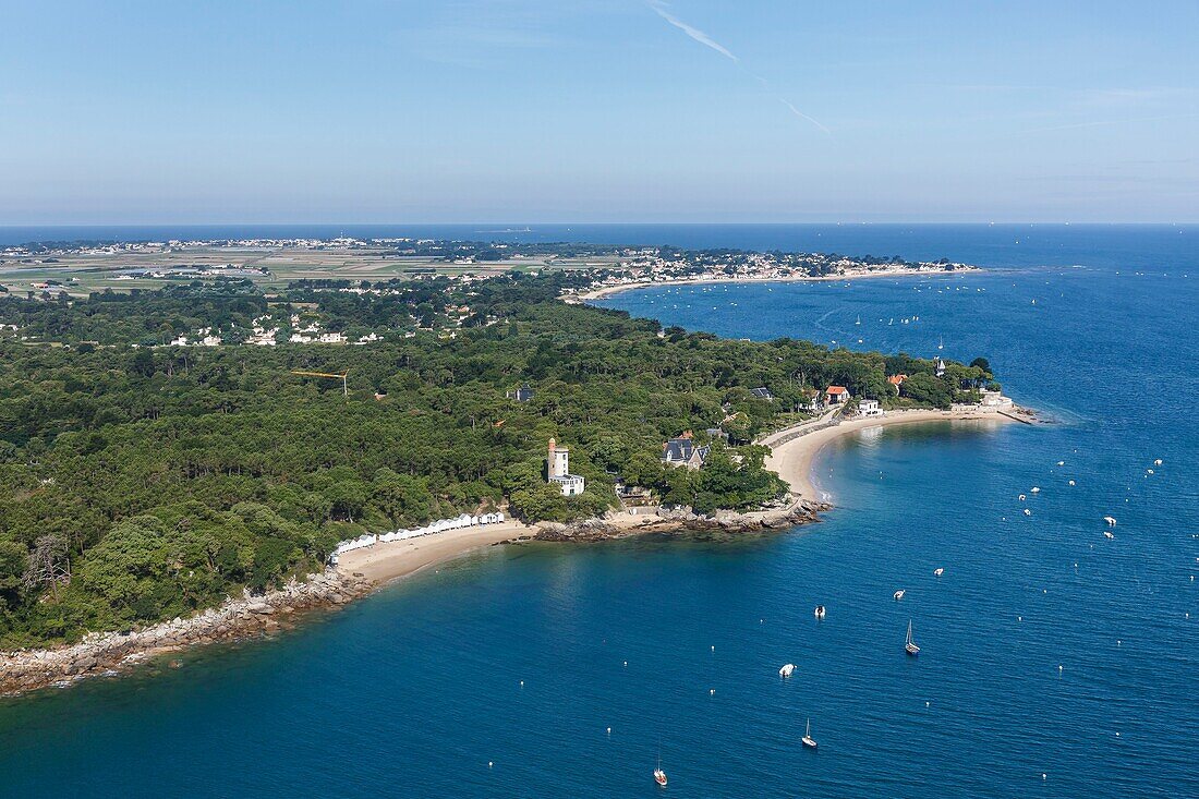 Frankreich, Vendee, Noirmoutier en l'Ile, Strand l'Anse Rouge und Wald La Chaise (Luftaufnahme)