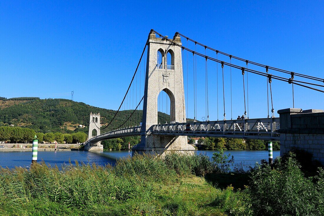 France, Ardeche, La Voulte sur Rhone, suspension bridge on the Rhone