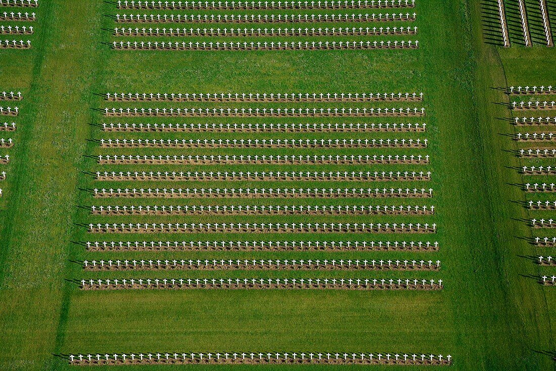 France, Meuse, Douaumont, Ossuary of Douaumont the military cemetery of the deaths of the war 14 18 (aerial view)