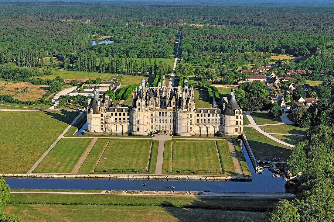 France, Loir et Cher, classified Loire valley World heritage of the UNESCO, Chambord, the castle and her formal gardens (aerial view)