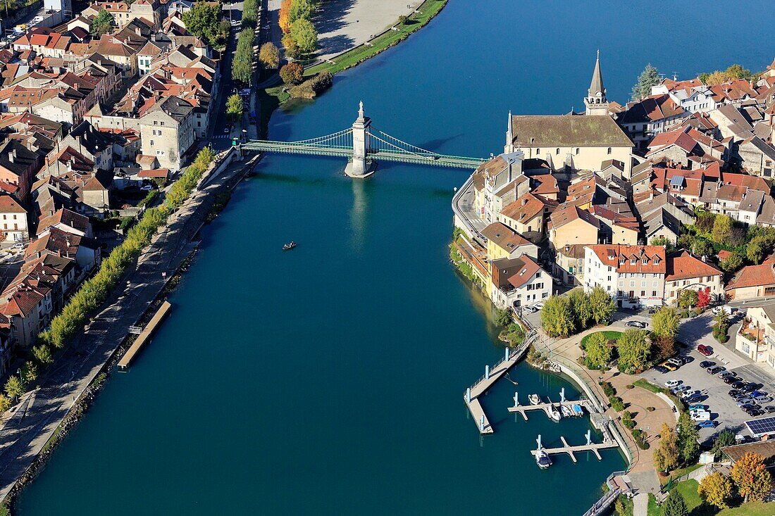 France, Haute Savoie, Ain, Seyssel, bridge over the Rhone (aerial view)