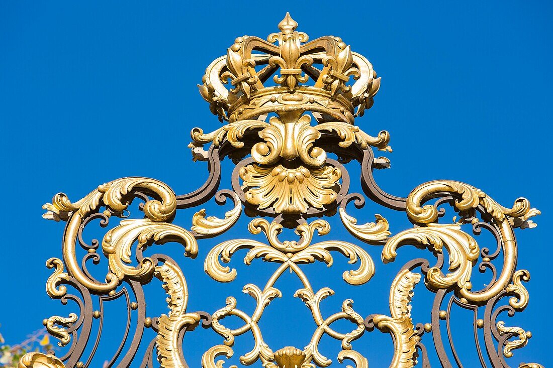France, Meurthe et Moselle, Nancy, Stanislas square (former royal square) built by Stanislas Leszczynski, king of Poland and last duke of Lorraine in the 18th century, listed as World Heritage by UNESCO, railing by Jean Lamour, detail of the decorations of the Fontaine de Neptune (Neptune fountain)