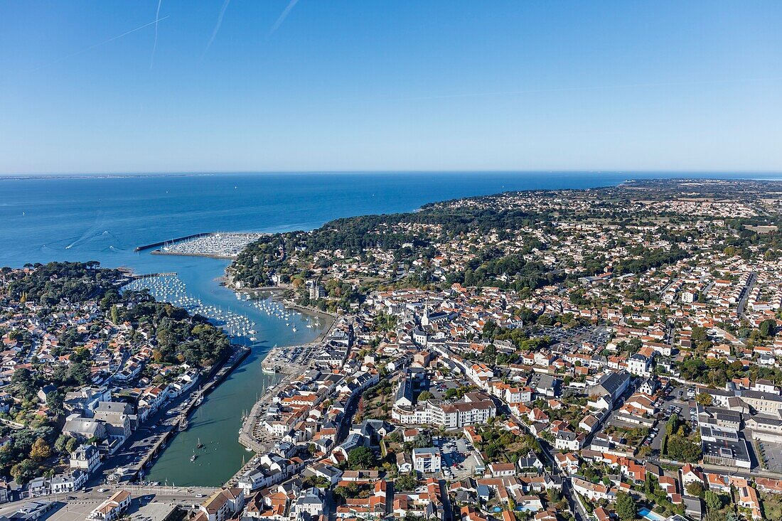 France, Loire Atlantique, Pornic, the marina and the harbour (aerial view)