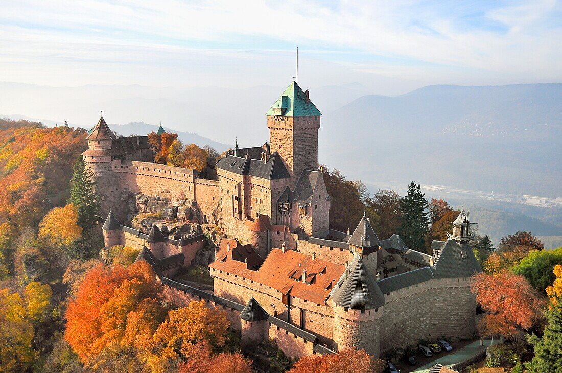 France, Bas Rhin, Orschwiller, Alsace Wine Road, Haut Koenigsbourg Castle (aerial view)