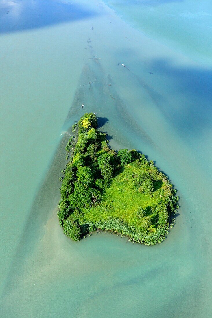 Frankreich, Ain, Massignieu de Rives, Königsbett-See an der Rhone, Vogelinsel (Luftbild)