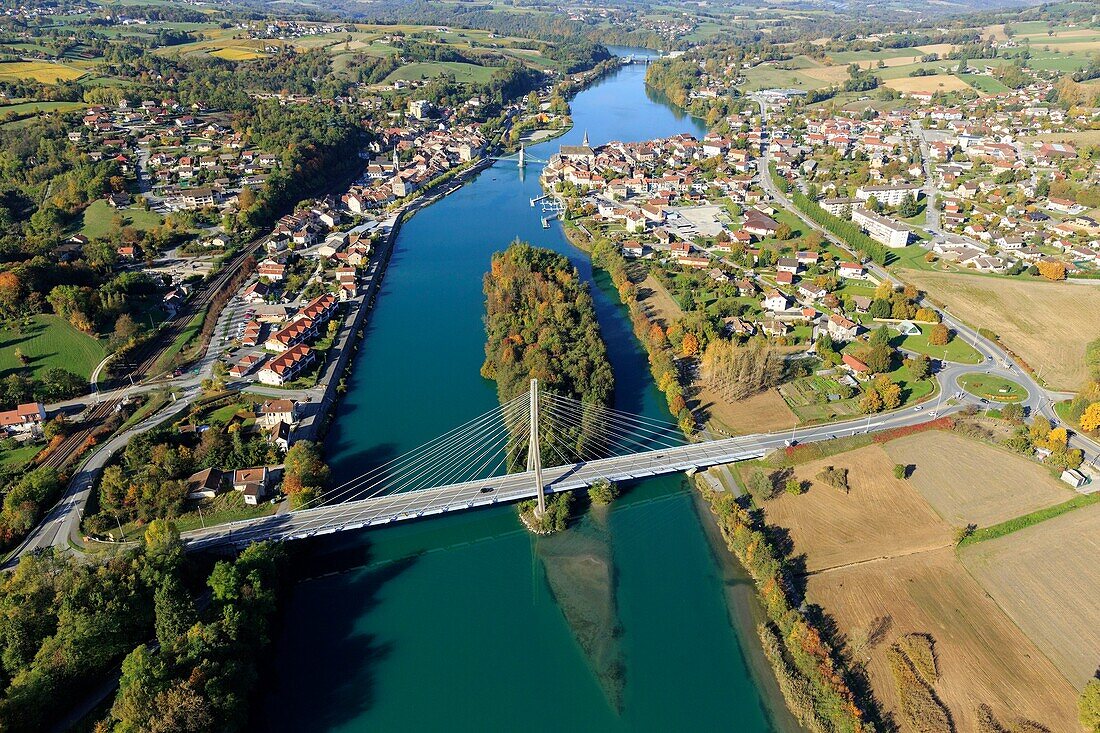 France, Haute Savoie, Ain, Seyssel, bridge over the Rhone (aerial view)