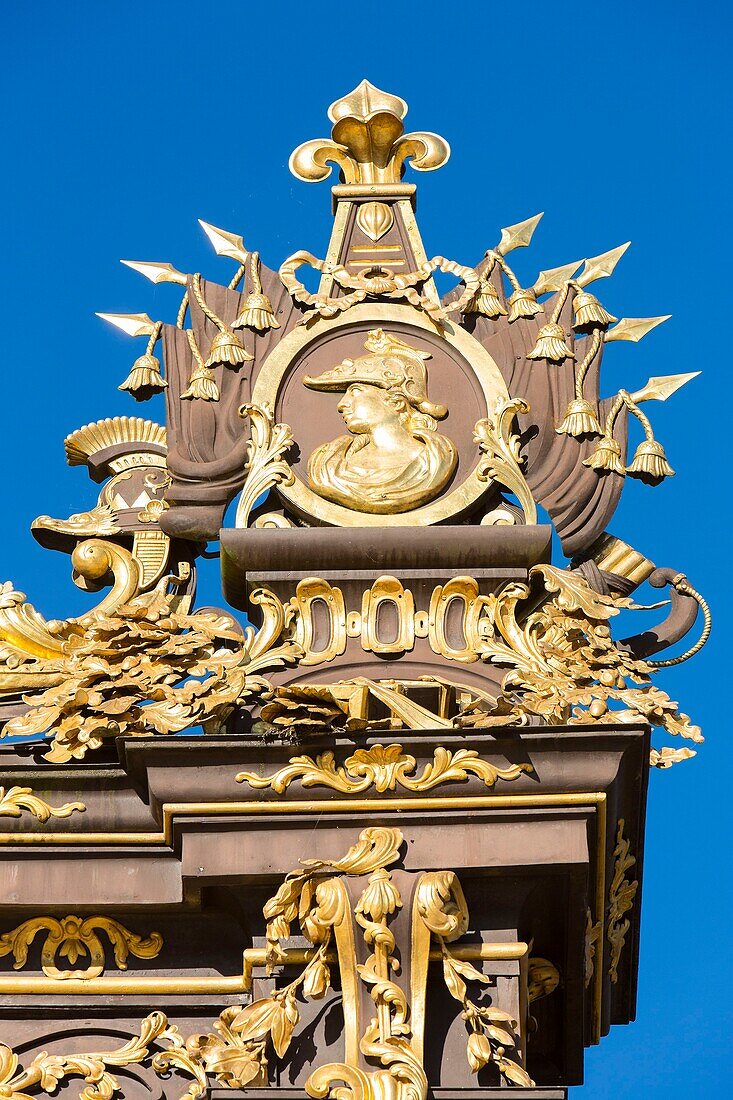 France, Meurthe et Moselle, Nancy, Stanislas square (former royal square) built by Stanislas Leszczynski, king of Poland and last duke of Lorraine in the 18th century, listed as World Heritage by UNESCO, railing by Jean Lamour, detail of the decorations of the Fontaine de Neptune (Neptune fountain)