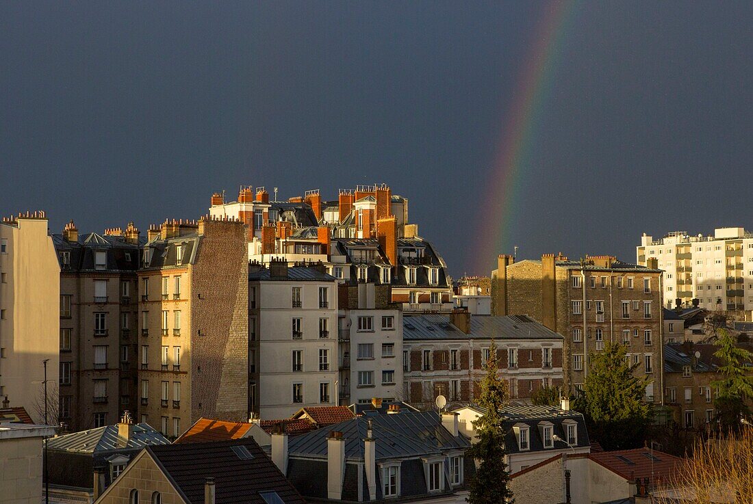 France, Hauts de Seine, Asnieres sur Seine, buildings of Maurice Bokanowski street and rainbow