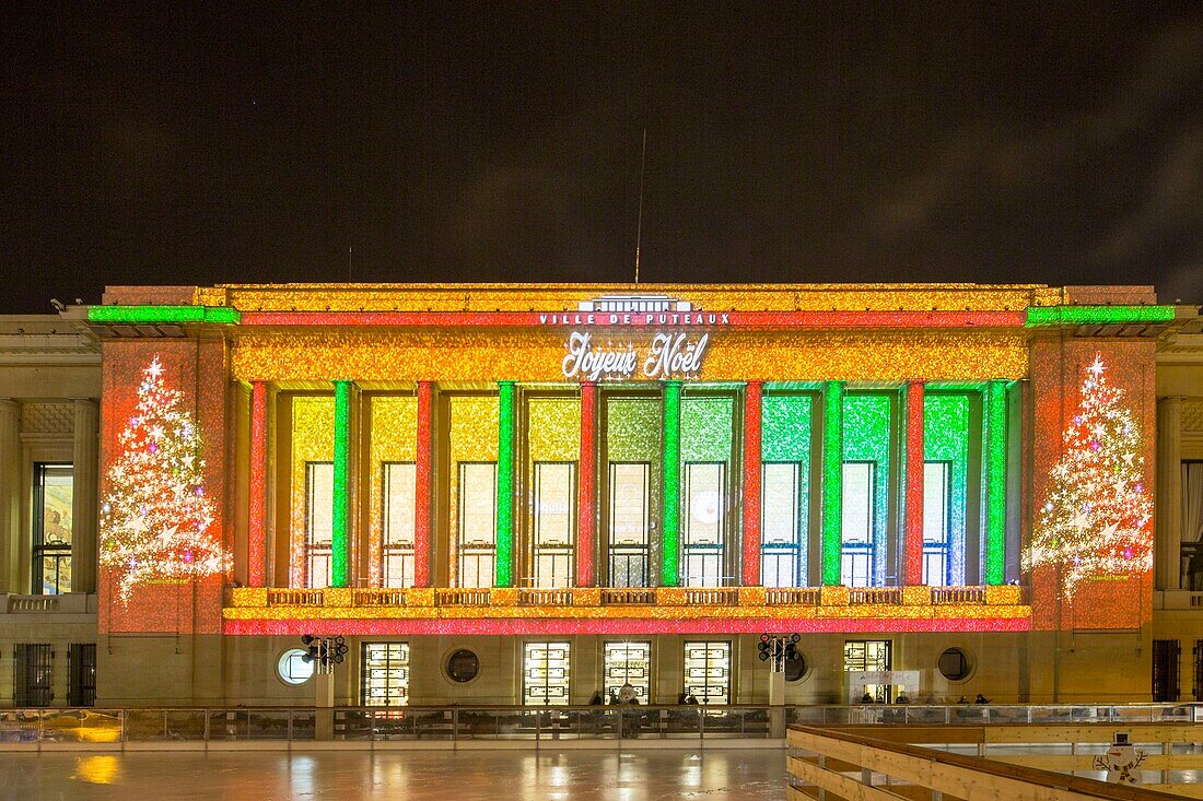 France, Hauts de Seine, Puteaux, City Hall, building with Art Deco architecture, Christmas lights