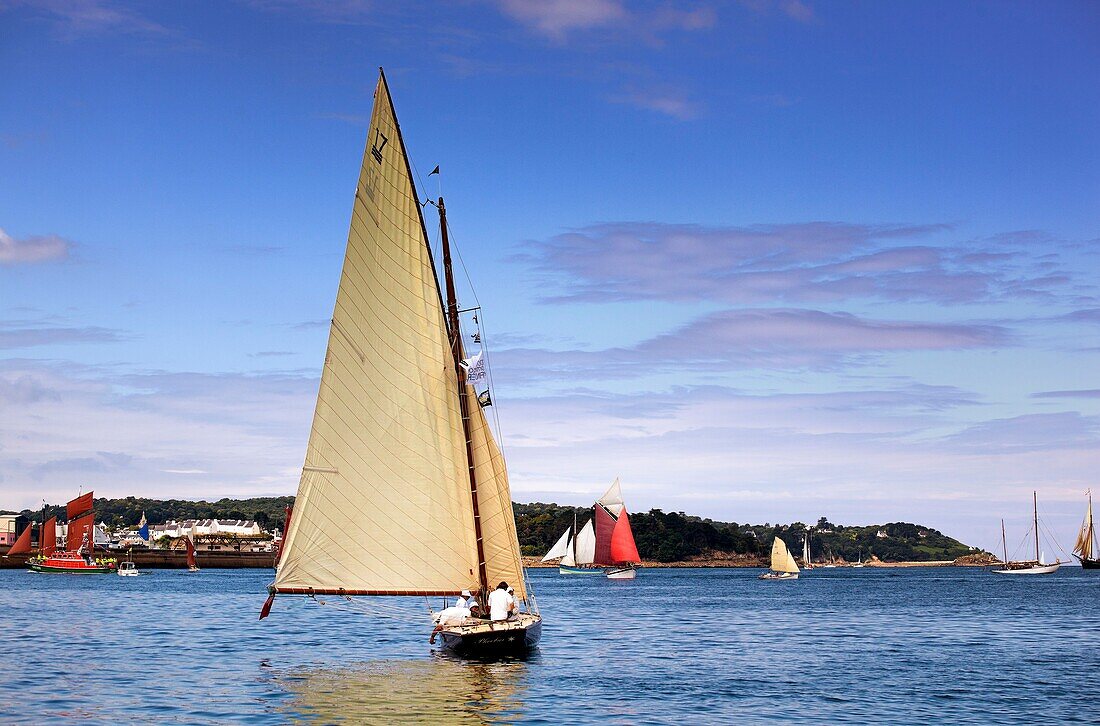 France, Finistere, Douarnenez, Festival Maritime Temps Fête, Phoebus, traditional sailboat on the port of Rosmeur