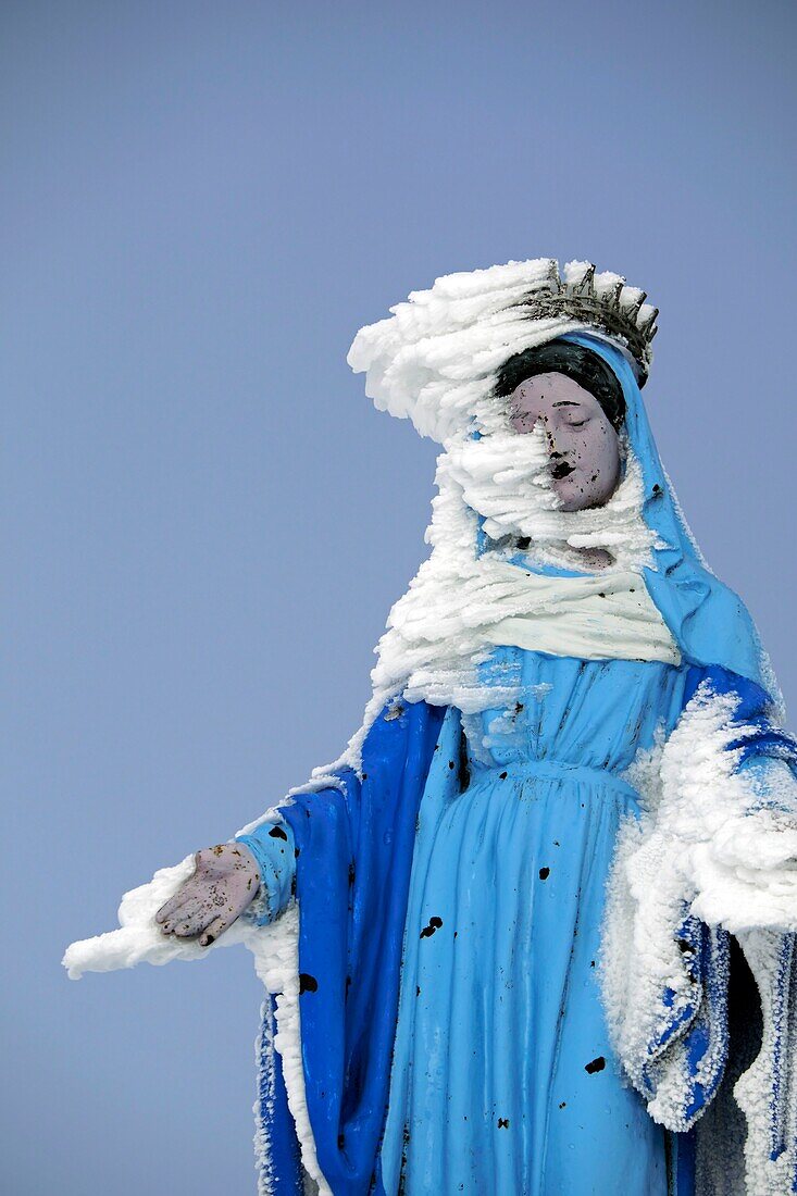 France, Territoire de Belfort, Ballon d'Alsace, top (1241 m), statue of the virgin, Notre Dame du Ballon, winter