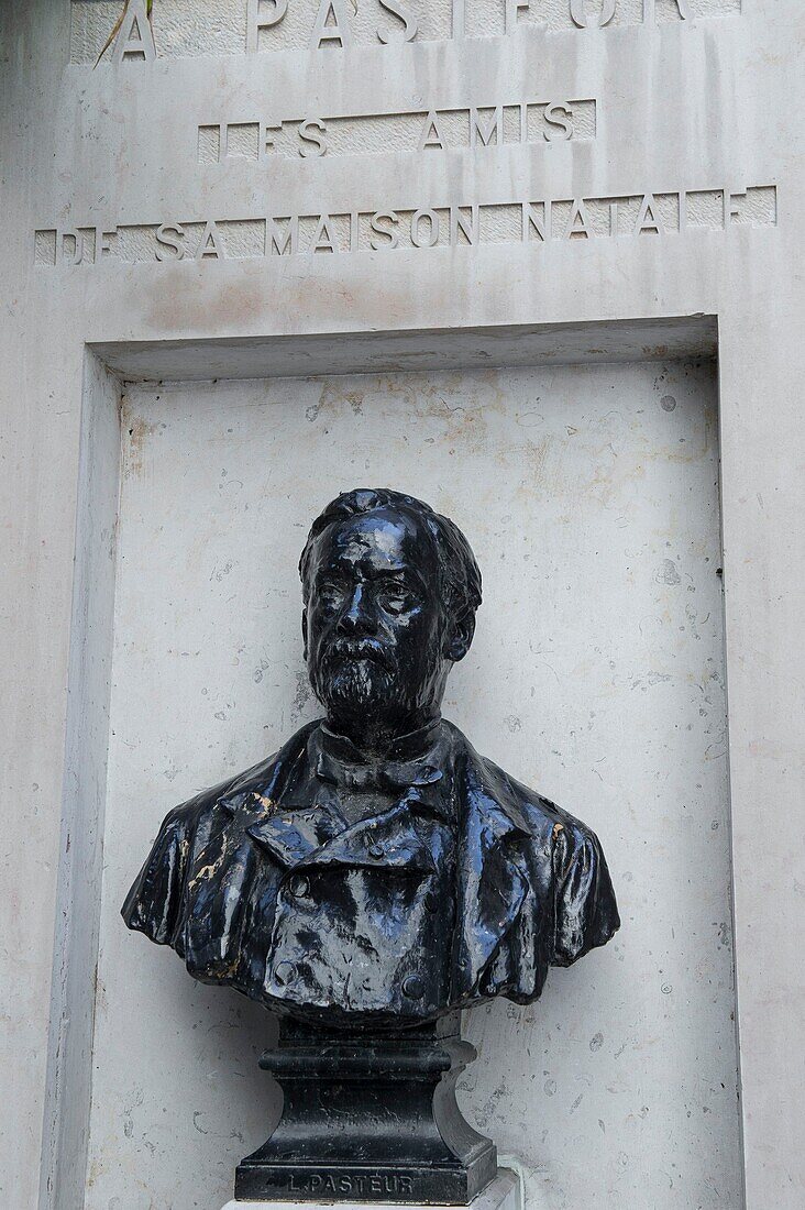 Frankreich, Jura, Dole, die Büste von Pasteur vor dem Museum seines Hauses in der Pasteur-Straße