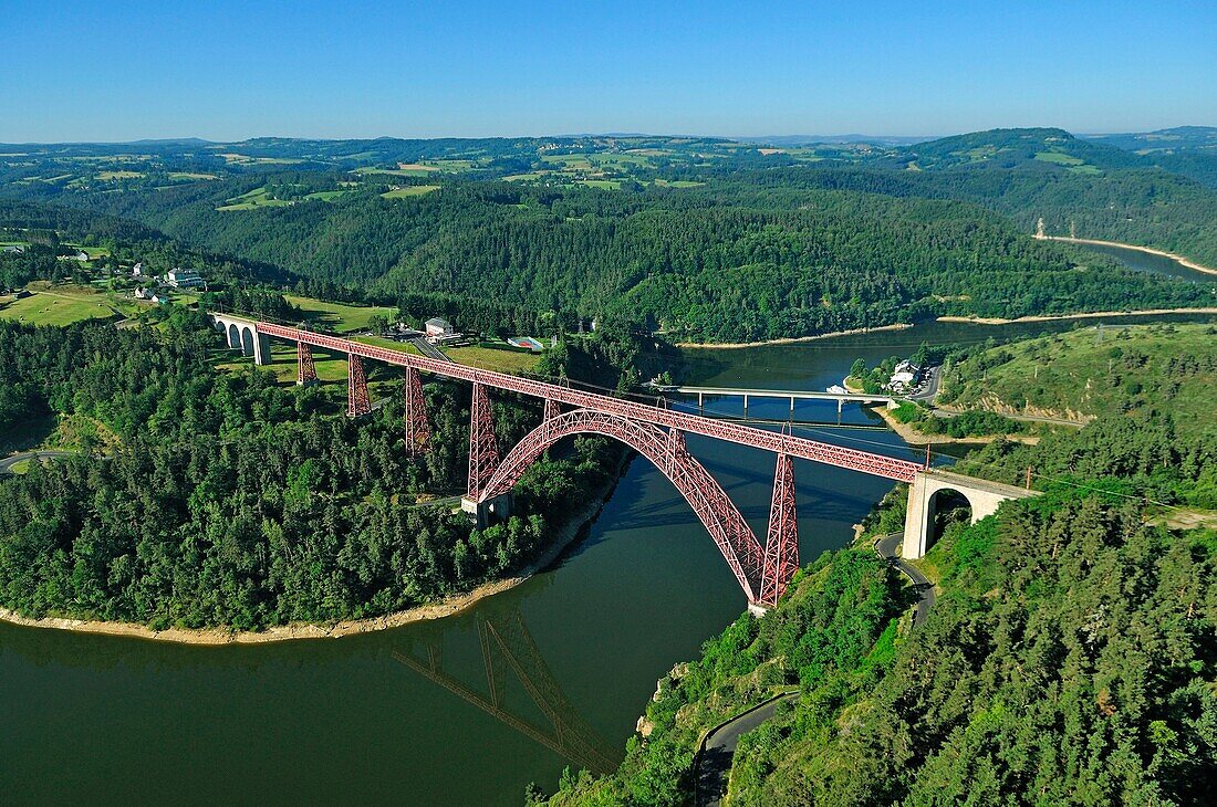 France, Cantal, Ruynes en Margeride, viaduct of Garabit, metalwork built by Gustave Eiffel in 1888 (aerial view)