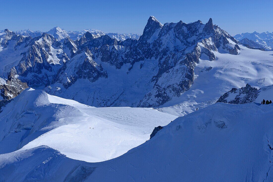 France, Haute Savoie, Chamonix Mont Blanc, alpinists on the ridge of the aiguille du Midi (3848m), Mont Blanc range, descent of the Vallee Blanche