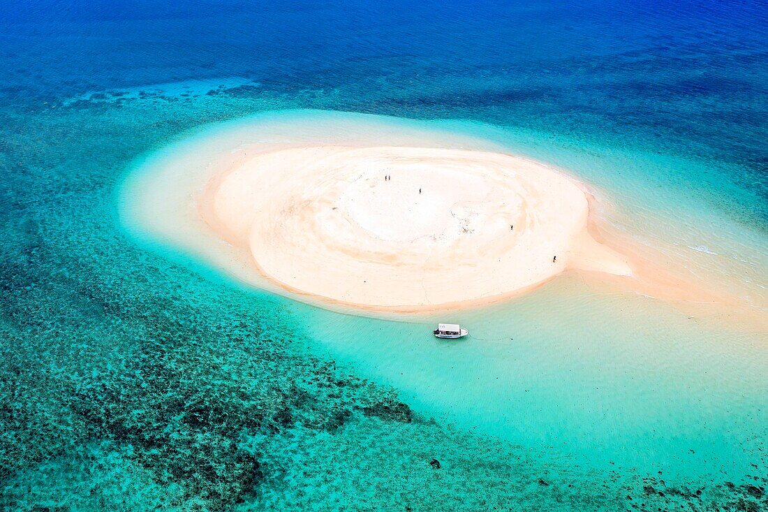 France, Mayotte island (French overseas department), Grande Terre, M'Tsamoudou, islet of white sand on the coral reef in the lagoon facing Saziley Point (aerial view)