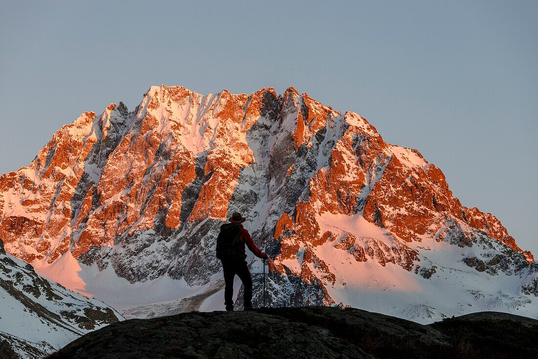 France, Hautes Alpes, Ecrins National Park, valley of Valgaudemar, La Chapelle en Valgaudémar, Jocelme Peak (3458m) at sunset