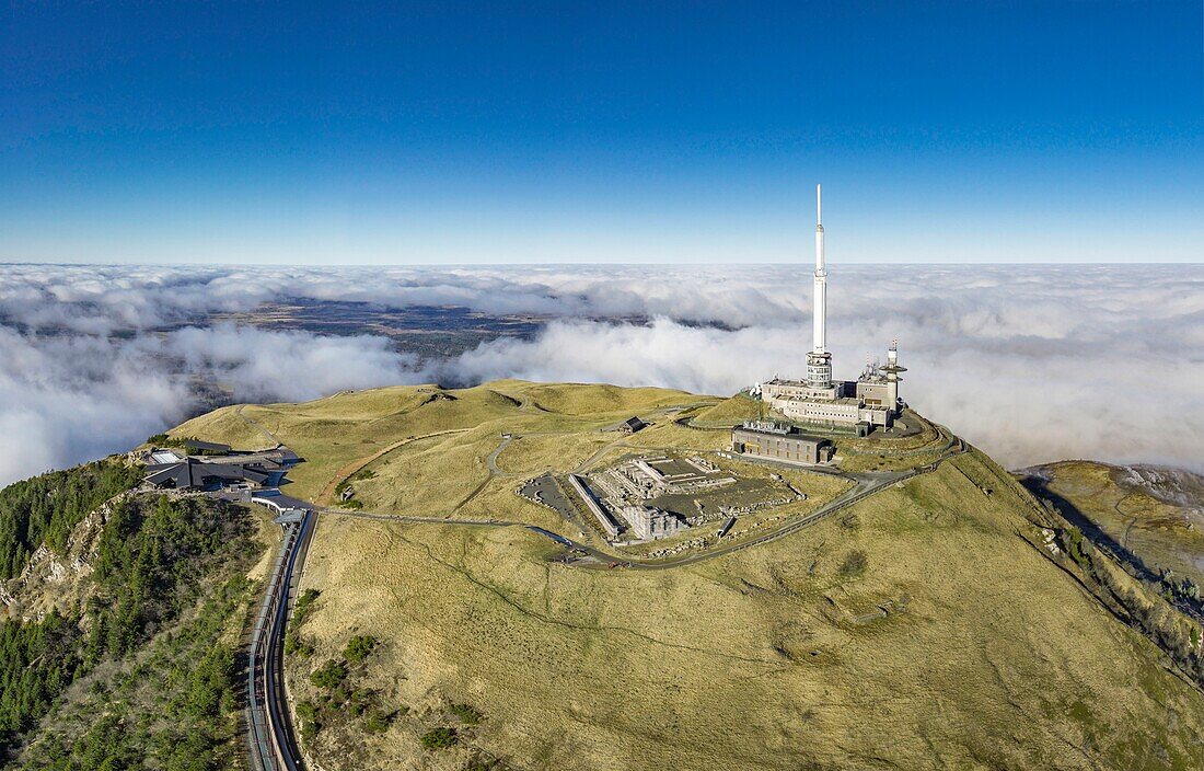 France, Puy de Dome, Orcines, Regional Natural Park of the Auvergne Volcanoes, the Chaîne des Puys, listed as World Heritage by UNESCO, the Puy de Dome volcano (aerial view)