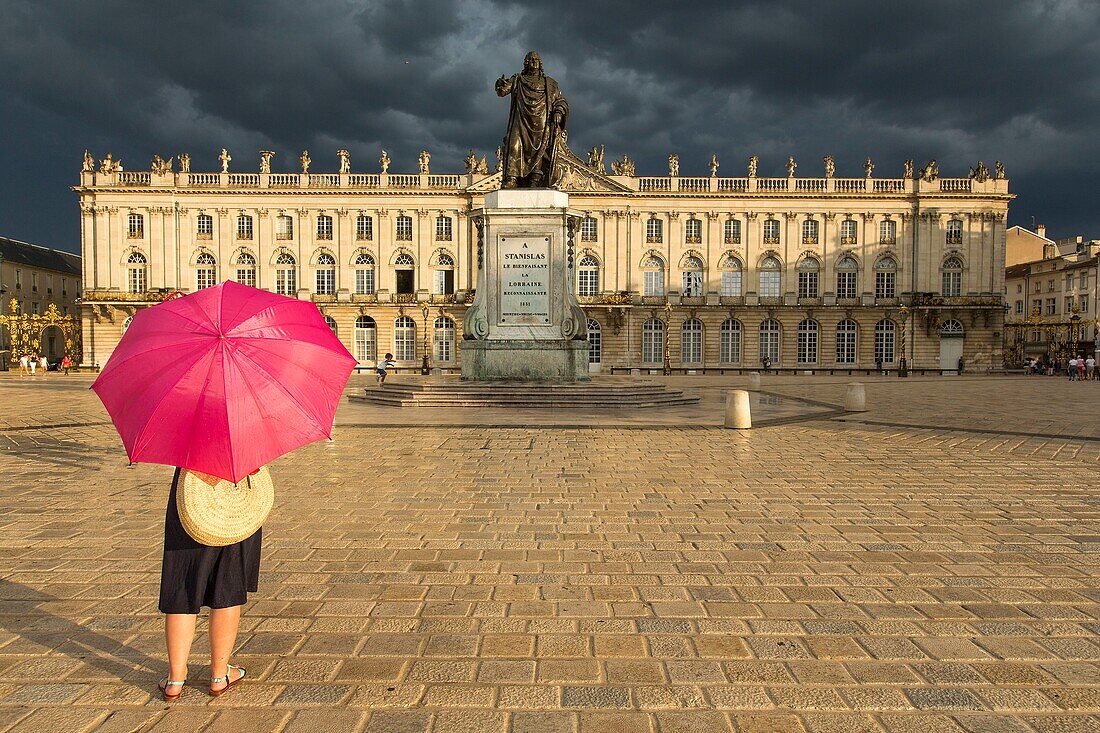 France, Meurthe et Moselle, Nancy, Stanislas square (former royal square) built by Stanislas Leszczynski, king of Poland and last duke of Lorraine in the 18th century, listed as World Heritage by UNESCO, facade of the town hall and statue of Stanislas Leszczynski