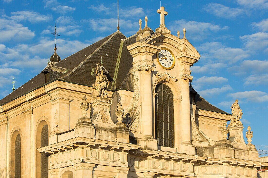 France, Meurthe et Moselle, Nancy, Saint Sebastien square, 16th century Saint Sebastien church by architect Jean Nicolas Jennesson, sculpture representing Saint Sebastien and Duke Leopold by Victor Hurel the father