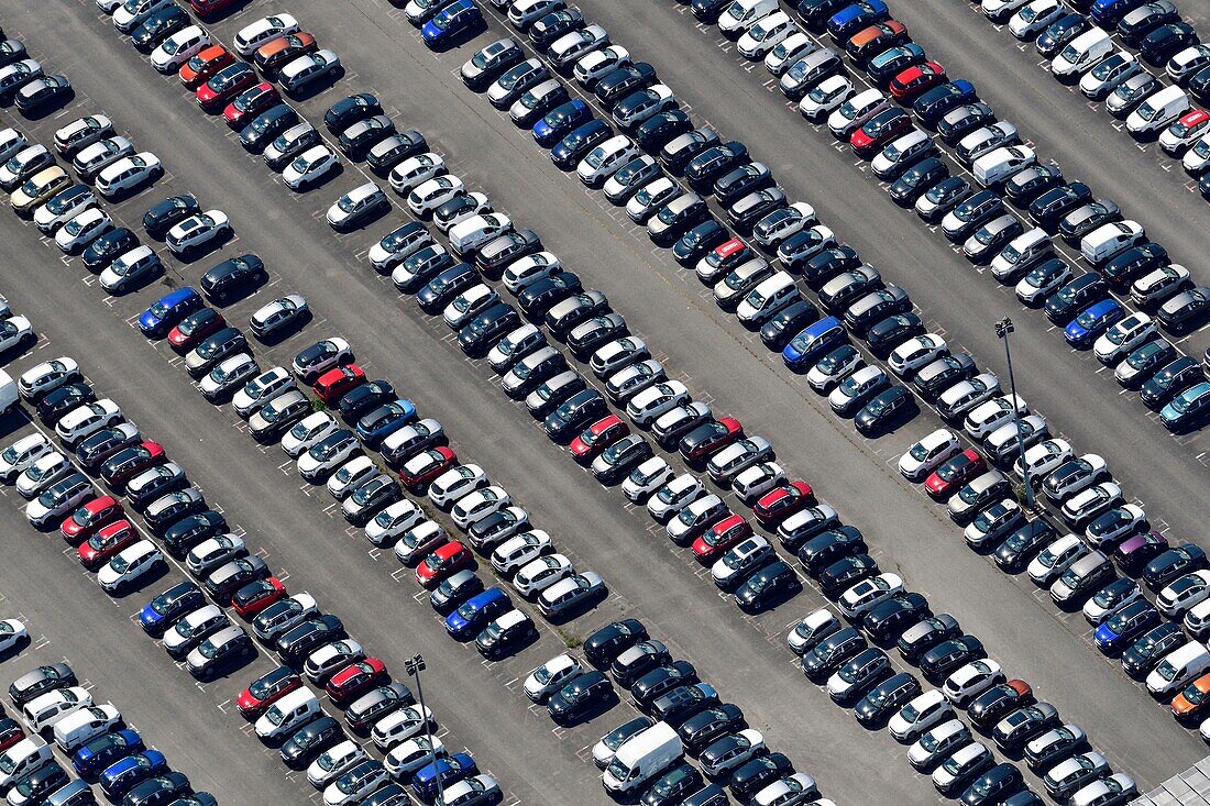 France, Doubs, Sochaux, Peugeot, manufactured vehicles stored on parking at the exit of chain