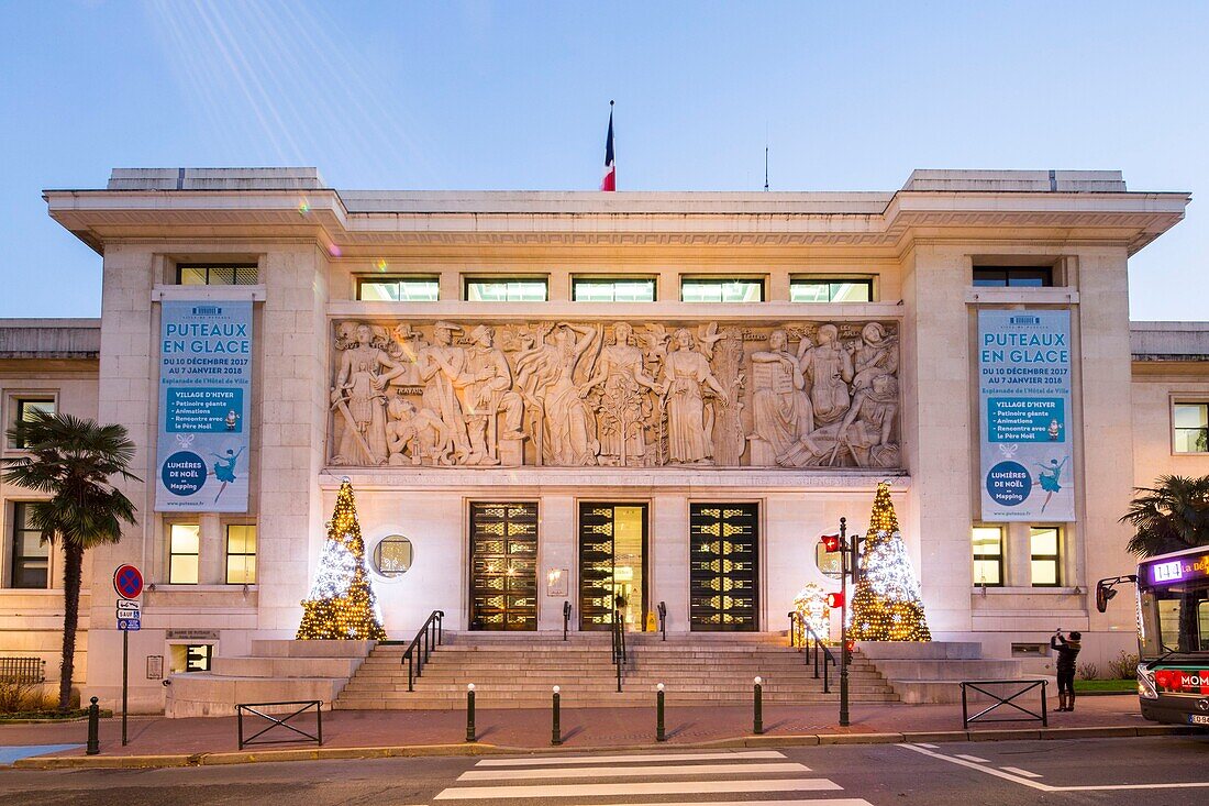 France, Hauts de Seine, Puteaux, City Hall, building with Art Deco architecture, Christmas decorations