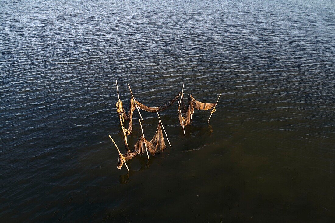 France, Aude, Peyriac-de-Mer, pond of Saint-Paul, fishing nets, aerial view