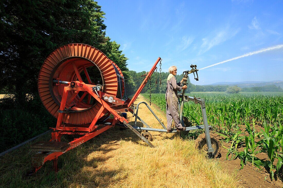 Frankreich, Drome, Saulce sur Rhone, Bewässerung von Getreidefeldern