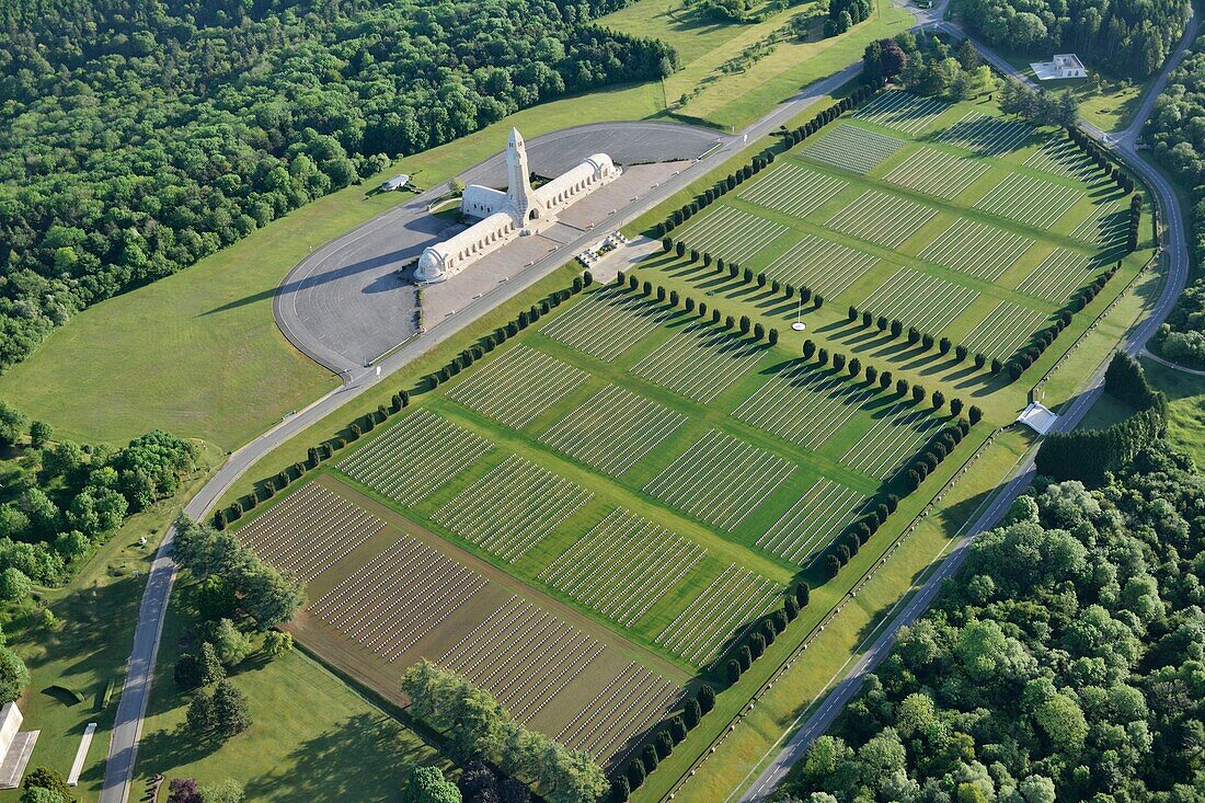 France, Meuse, Douaumont, Ossuary of Douaumont the military cemetery of the deaths of the war 14 18 (aerial view)