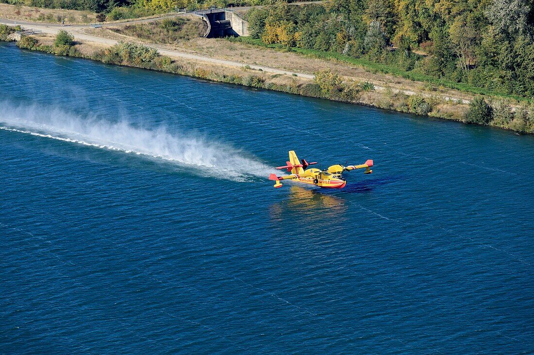 France, Ardeche, Rochemaure, canadair on the Rhone (aerial view)