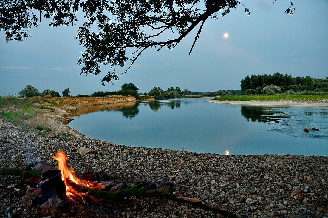 France, Doubs, low Doubs valley, Petit Noir, bonfire at full moon