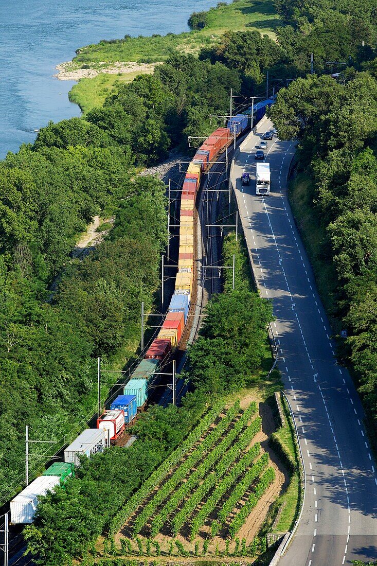 France, Ardeche, Glun, the Vieux Rhone, the D86 road and the railway