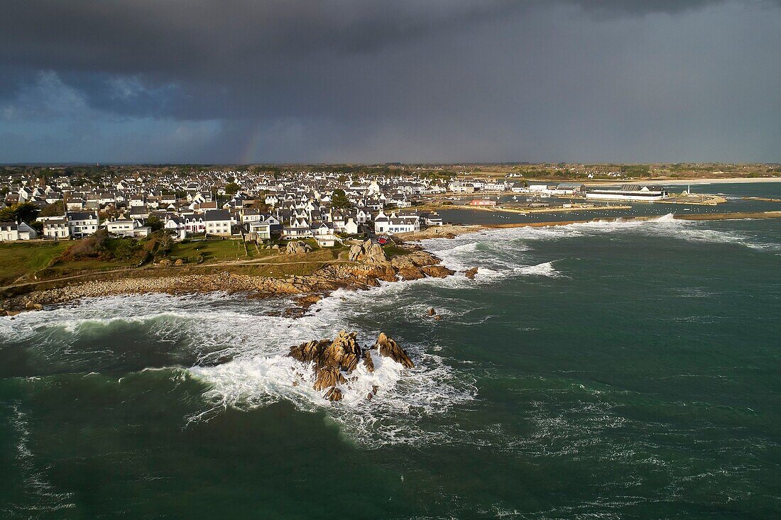 France, Finistère, Lesconil, the coast and the port in winter (aerial view)