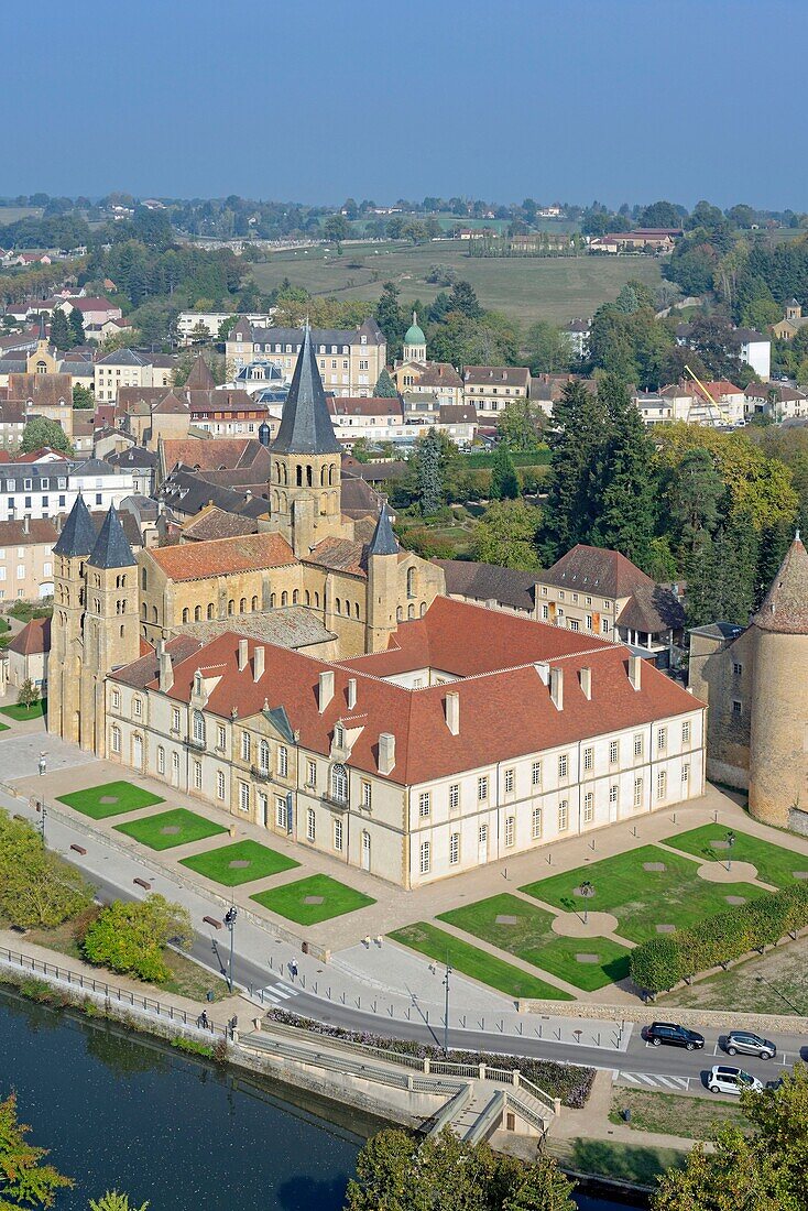 France, Saone et Loire, Paray le Monial, the Sacre Coeur Basilica of the XIIth century (aerial view)